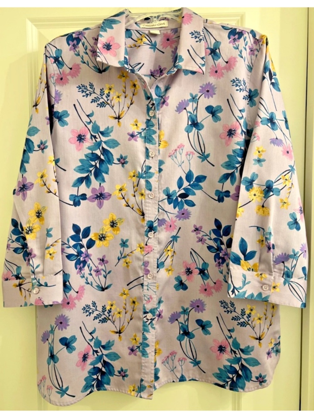 Coldwater Creek Blouse Top Size 1X Plus Cotton Floral Collared 3/4 Sleeve